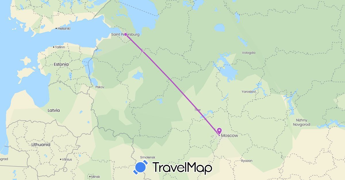 TravelMap itinerary: train, boat in Russia (Europe)